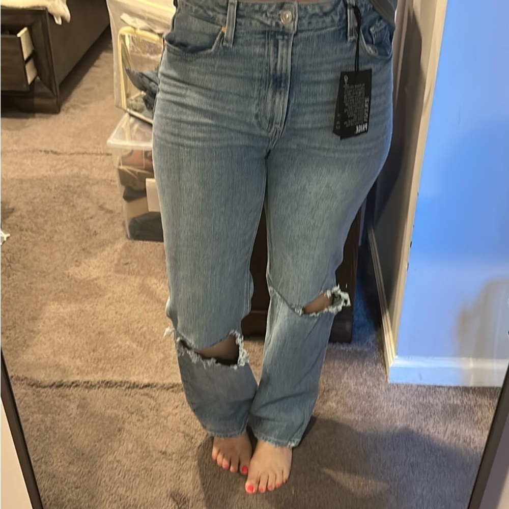 PAIGE Light Blue Distressed Straight Leg Jeans